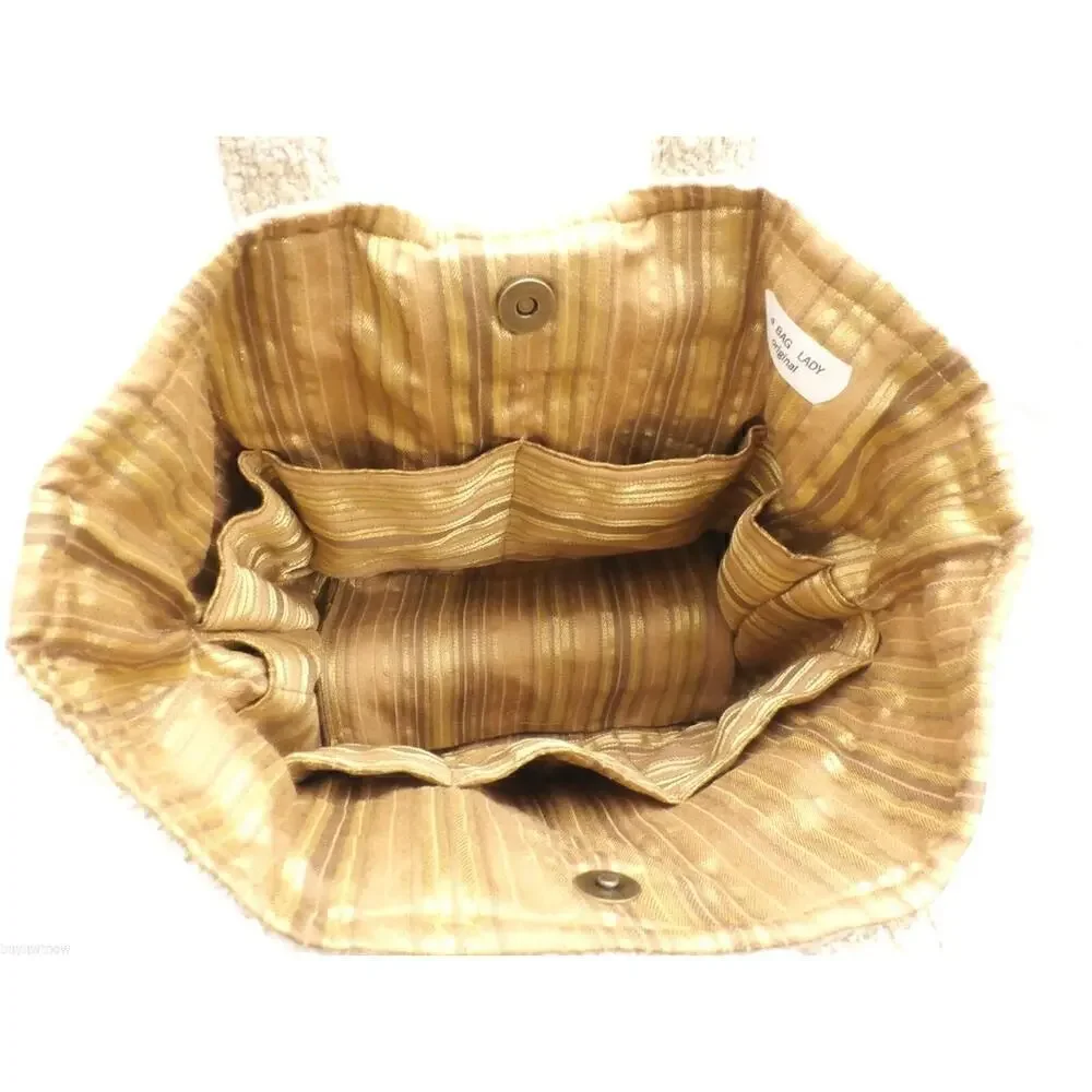 Bag Lady Original Purse Tote Shopper Bag Pockets Gold Metallic Heart Ivory